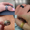 Collage of four images showing different rings on fingers and a ring in plastic packaging.