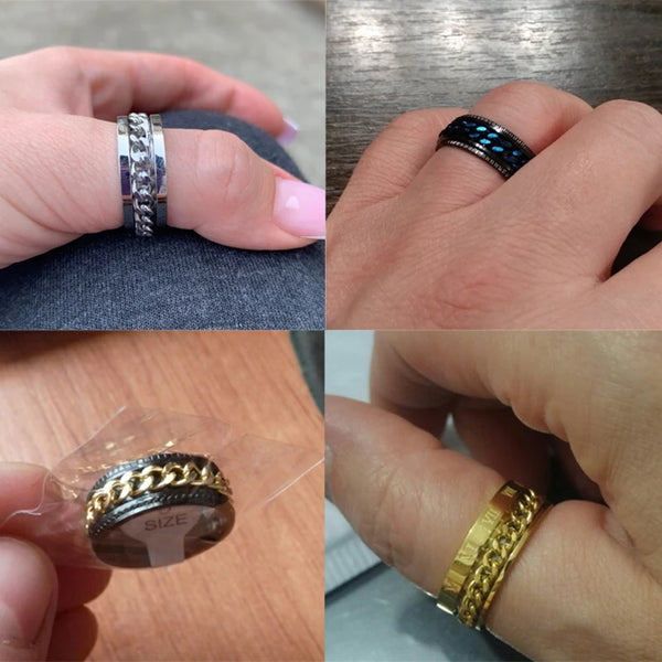 Collage of four images showing different rings on fingers and a ring in plastic packaging.