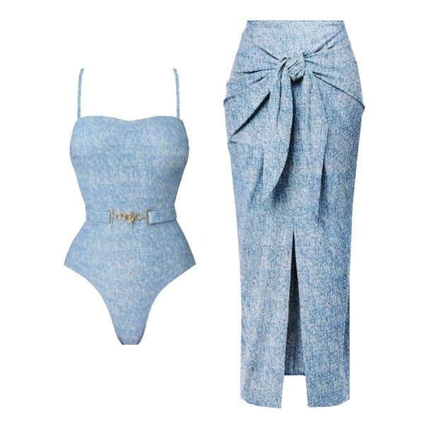 Light blue swimsuit with a matching sarong on a white background