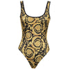One-piece swimsuit with gold baroque pattern on a white background