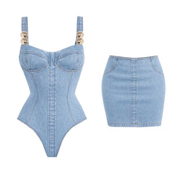 Denim bodysuit with suspenders and denim skirt on a white background