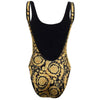 Black swimsuit with gold floral pattern on a white background