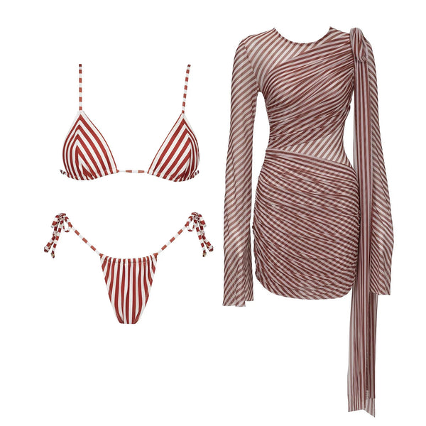 Red and white striped bikini set with a matching long-sleeve dress on a white background