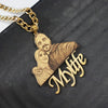 Gold necklace with a pendant featuring a couple and 'My Wife' text on a dark surface