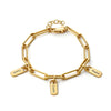 Gold chain bracelet with name tags on a white background