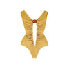 Yellow swimsuit with ruched design and red embellishment on a white background