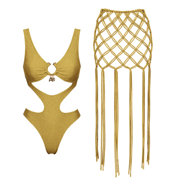 Mustard yellow swimsuit with a matching skirt on a white background