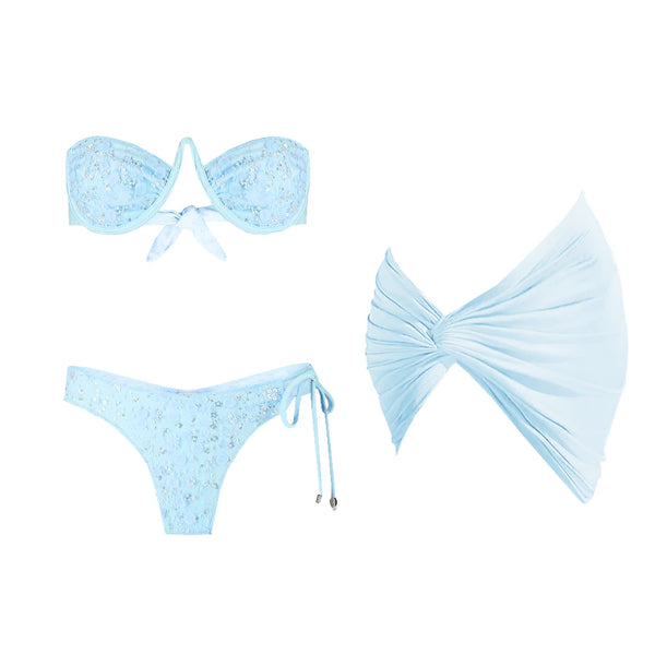 Light blue bikini set with a top and bottom on a white background