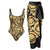One-piece swimsuit and matching sarong with gold and black floral pattern on a white background