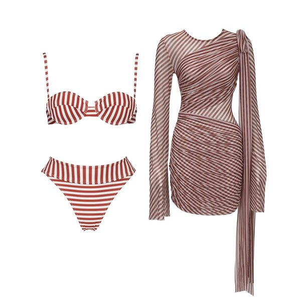 Red and white striped bikini set and a matching dress on a white background
