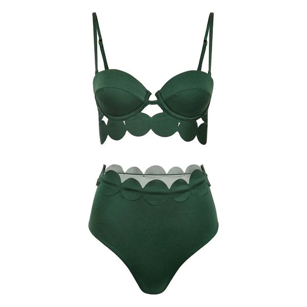Green bikini set with scalloped edges on a white background