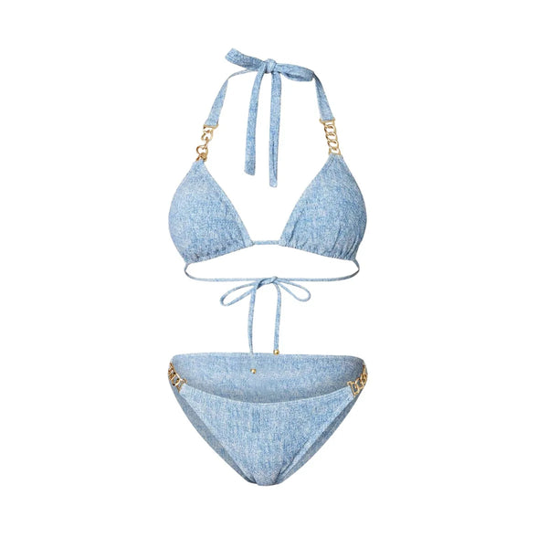 Light blue bikini set with gold accents on a white background