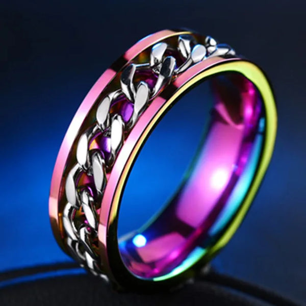Multicolored chain ring with a dark blue background