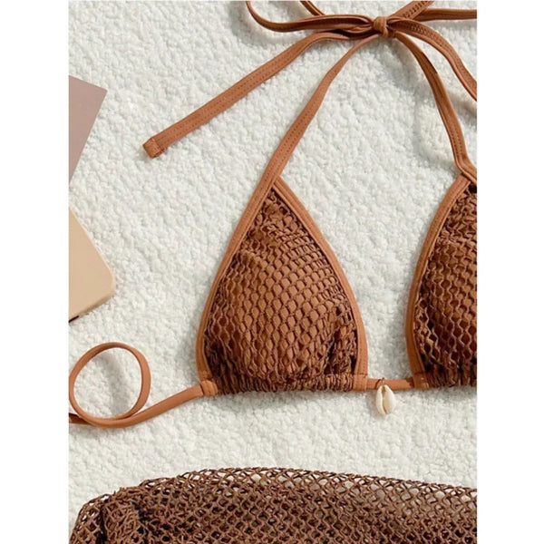 Brown bikini set with textured design on a textured white background