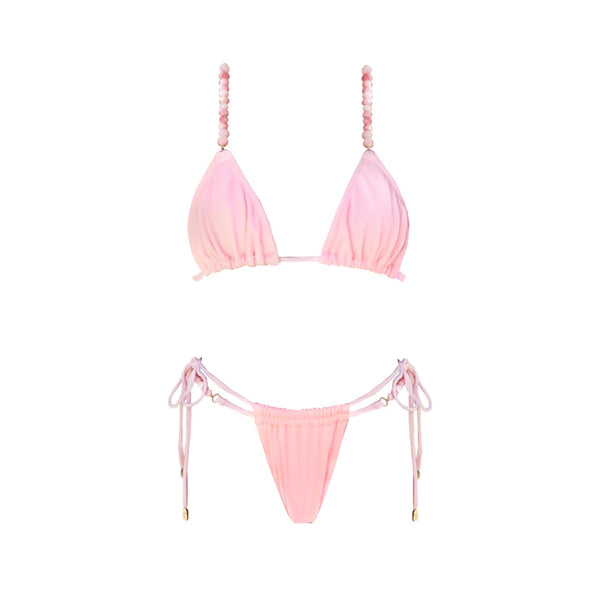 Pink bikini set with beaded straps on a white background