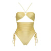 Yellow swimsuit with ruched design on a white background
