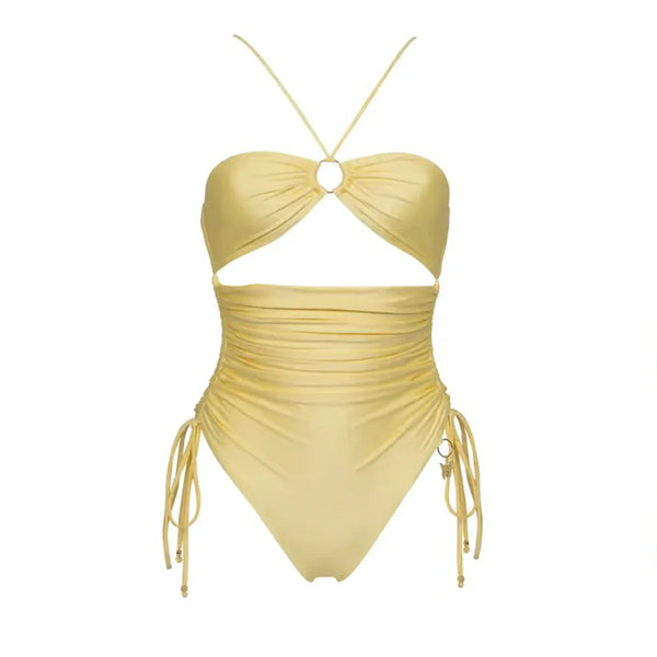 Yellow swimsuit with ruched design on a white background