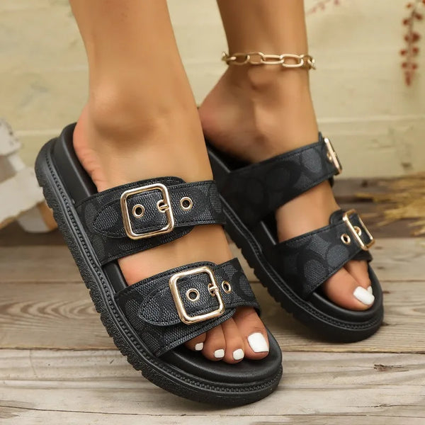 Thick-soled Metal Buckle Designer Slippers