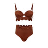 Brown bikini set with scalloped edges on a white background