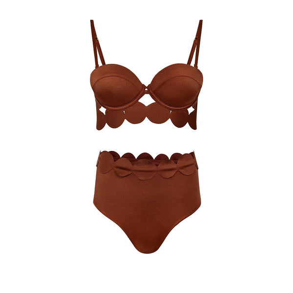 Brown bikini set with scalloped edges on a white background