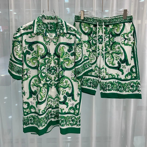 Green and white patterned shirt and shorts set on a white background