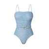 Blue strapless swimsuit with a belt on a white background