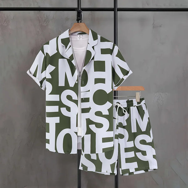Men's Casual 2-Piece Shirt and Shorts Set, Plus Size Letter Print Button Down Vacation Outfit