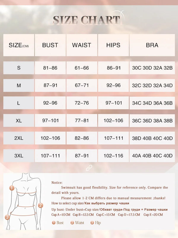 Size chart for swimsuits with measurements in centimeters