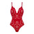 Red swimsuit with white floral pattern on a white background