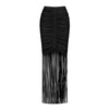 Black ruched skirt with fringe on a white background