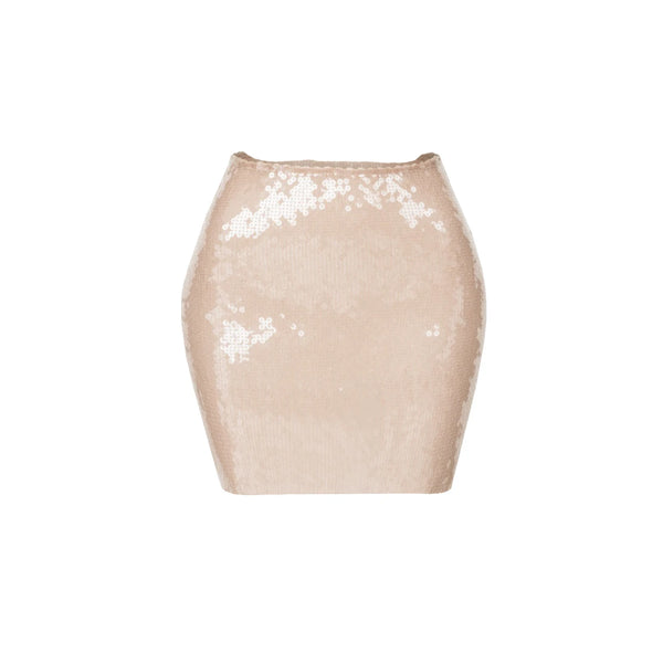 Beige sequin mini skirt on a white background