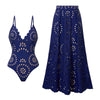 Navy blue swimsuit with floral cut-out design on a white background