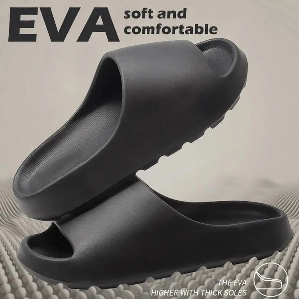 Black EVA slippers with text on a textured background