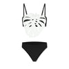 Black and white bikini set with leaf pattern on a white background
