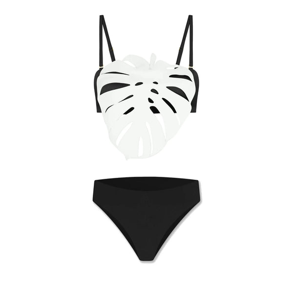 Black and white bikini set with leaf pattern on a white background