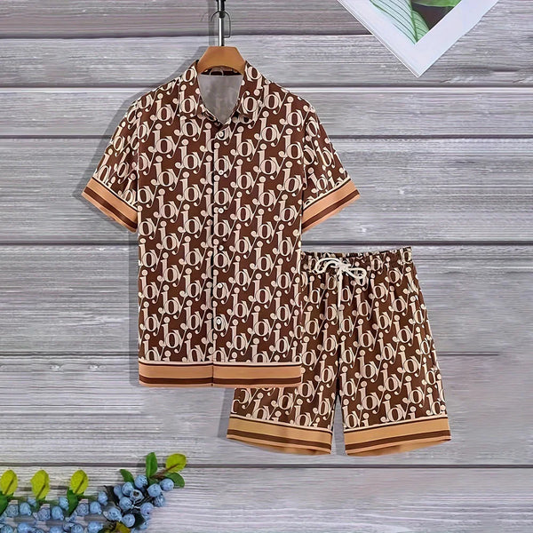 Men's Casual 2-Piece Shirt and Shorts Set, Plus Size Letter Print Button Down Vacation Outfit