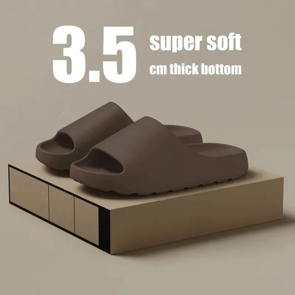 Brown slides with text indicating '3.5 super soft cm thick bottom' on a beige background