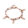 Rose gold chain bracelet with name tags on a white background