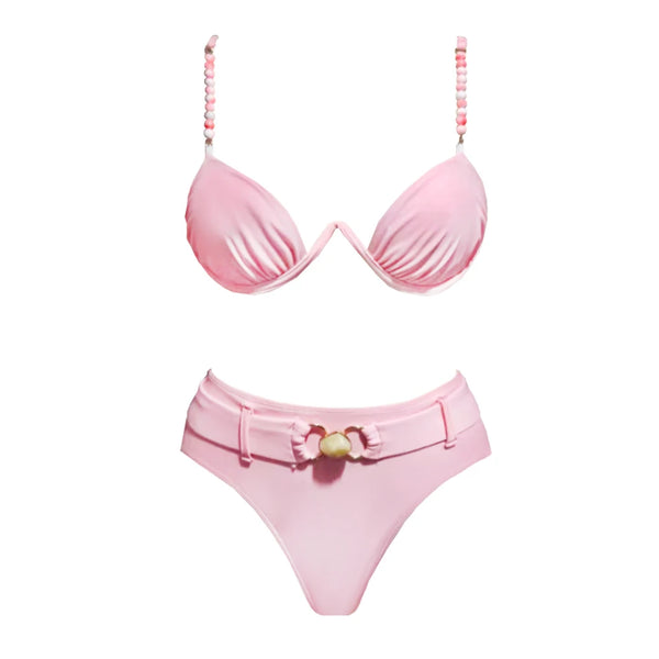 Pink bikini set with a bow detail on a white background