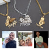 Two necklaces with personalized charms and names, featuring images of a couple.