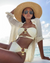 Woman in a white bikini and straw hat on a beach
