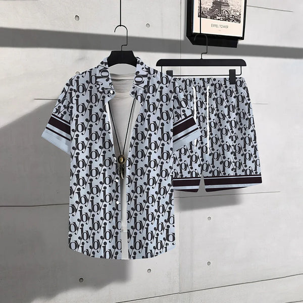 Men's Casual 2-Piece Shirt and Shorts Set, Plus Size Letter Print Button Down Vacation Outfit
