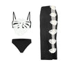 Black bikini set with white leaf patterns and a black skirt with similar designs on a white background.