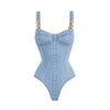 Light blue denim swimsuit with suspenders on a white background
