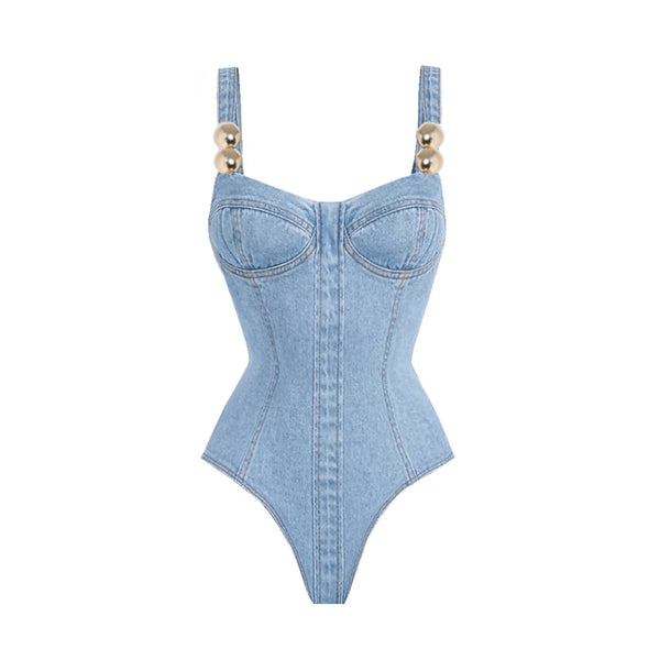 Light blue denim swimsuit with suspenders on a white background