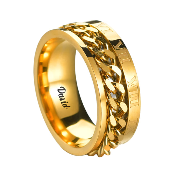 Gold ring with chain design and Roman numerals on a white background, featuring the brand 'JETDIFFERY'.