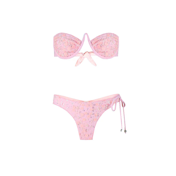 Pink floral bikini set on a white background