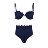 Navy blue bikini set with shark fin design on a white background