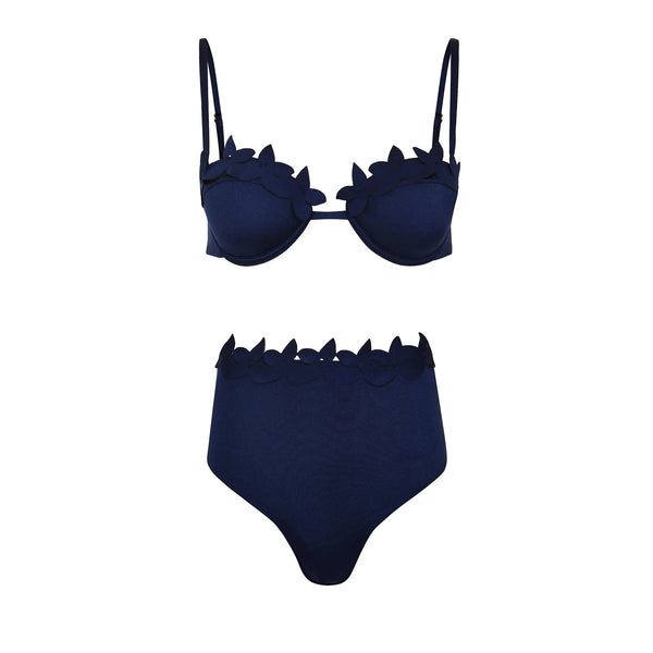 Navy blue bikini set with shark fin design on a white background