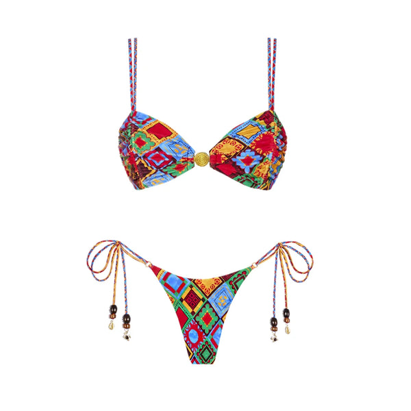 Colorful bikini set with geometric pattern on a white background